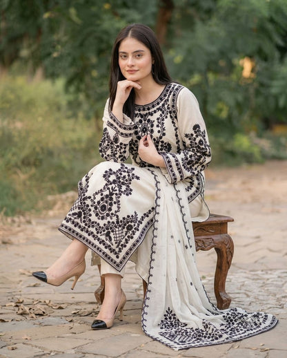 White And Black Cotton Embroidered Straight Kurta With Dupatta For Women