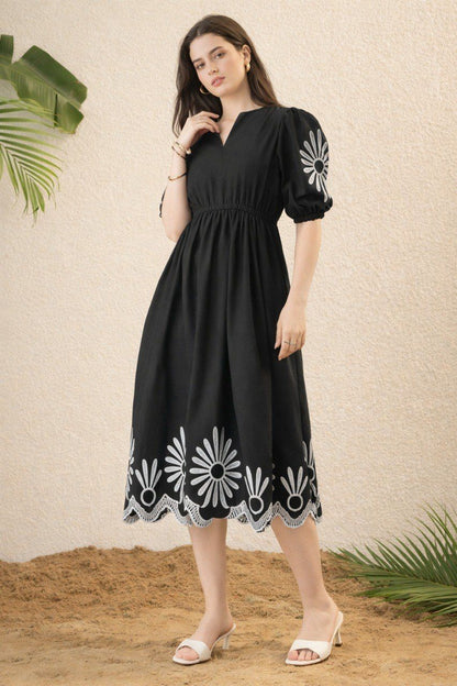 Black Cotton Floral Embroidered Puff Sleeve Midi Dress For Women