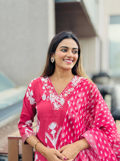 coral Pink Embroidered Kurta Set with Tonal Dupatta