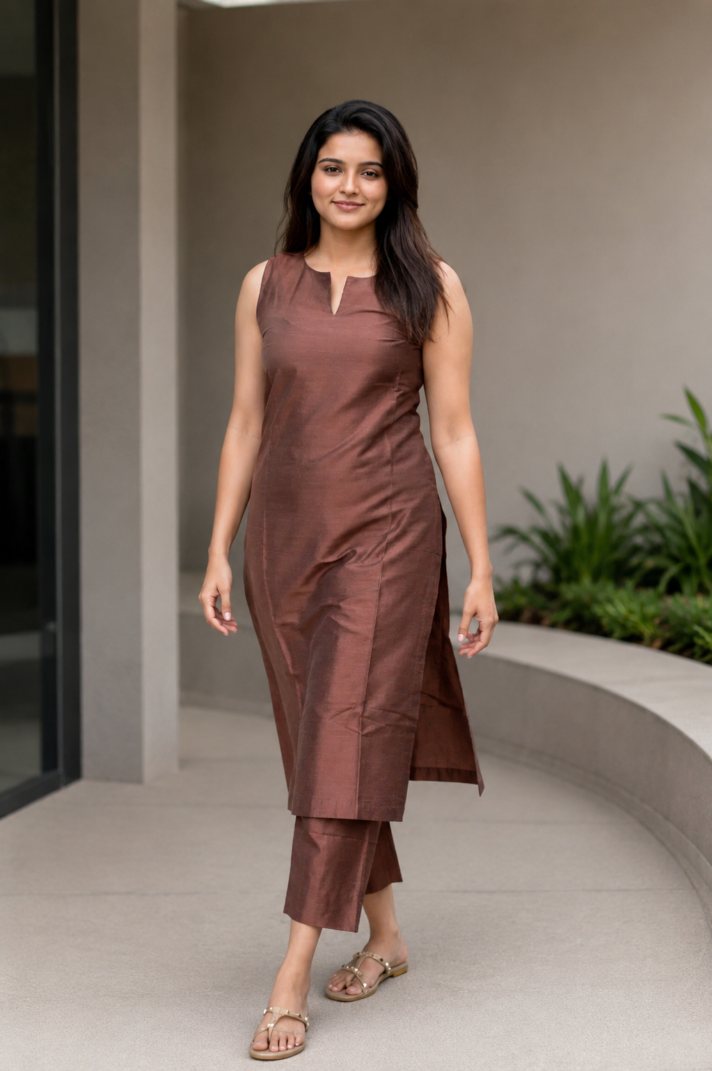 Sleeveless kurti with pants.