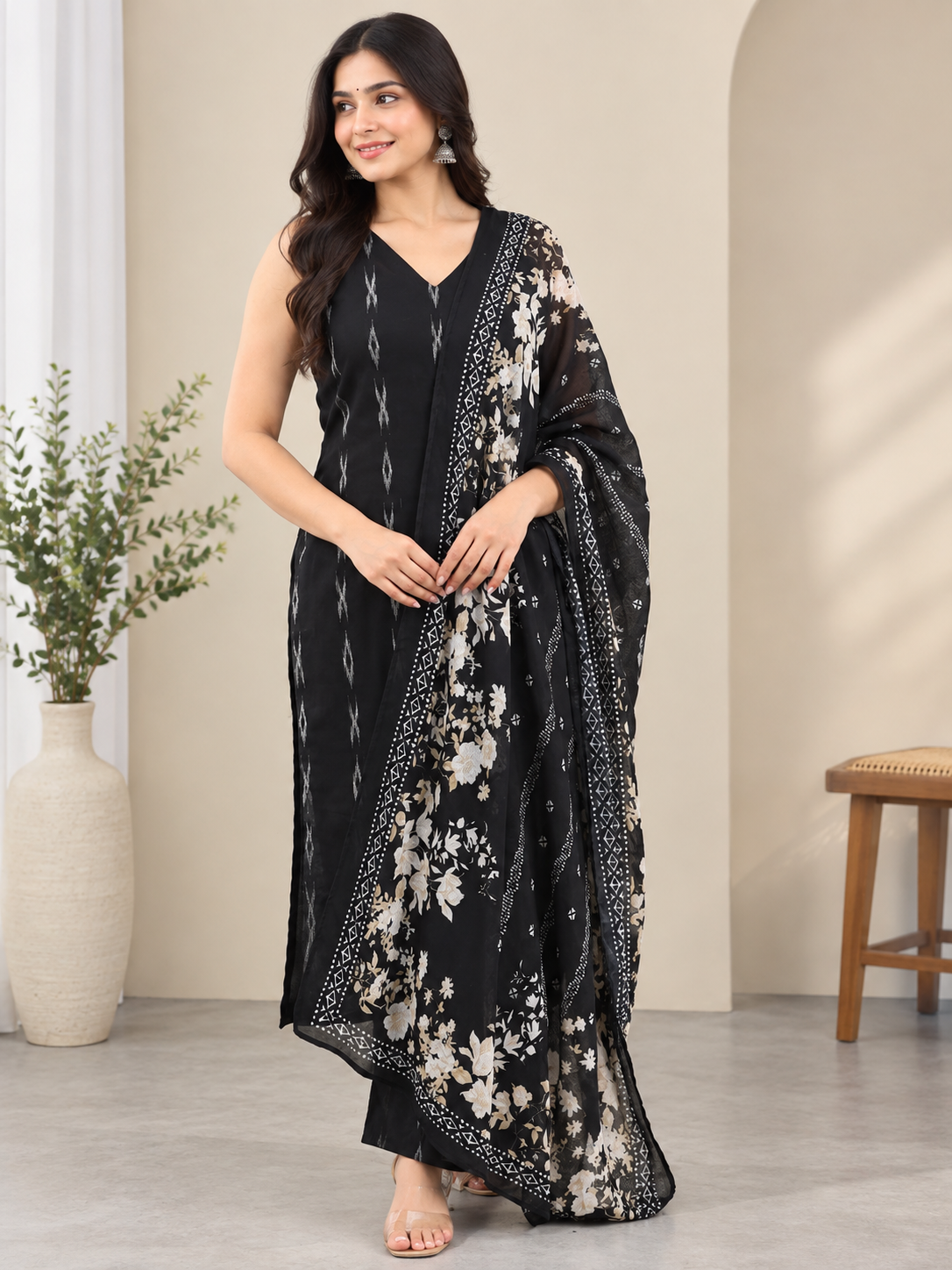 Black Woven Design Cotton Straight Suit with Dupatta.