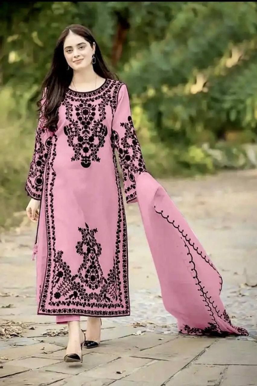 Pink And Black Embroidered Straight Kurta Pant Dupatta Set For Women