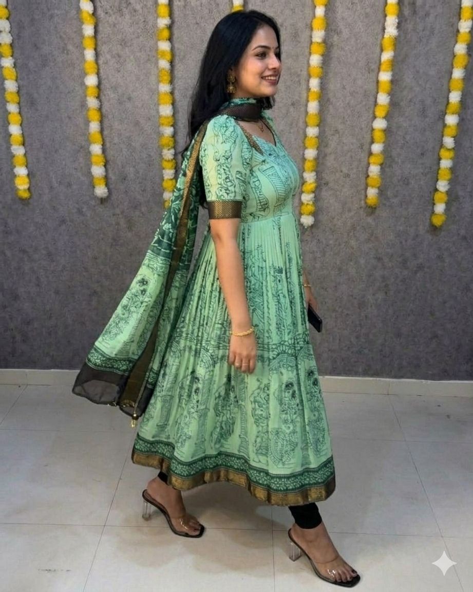 Sea Green Kalamkari Print Silk Anarkali Gown With Dupatta For Women