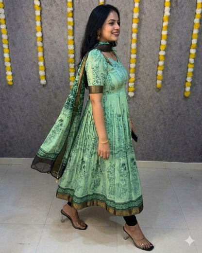 Sea Green Kalamkari Print Silk Anarkali Gown With Dupatta For Women