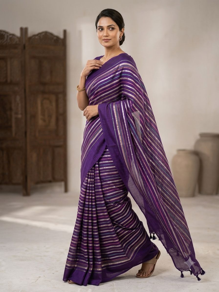 Purple Silk Gold Striped Woven Saree With Blouse Piece For Women