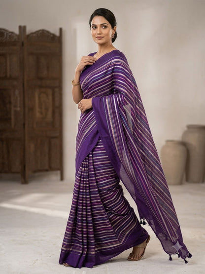 Purple Silk Gold Striped Woven Saree With Blouse Piece For Women