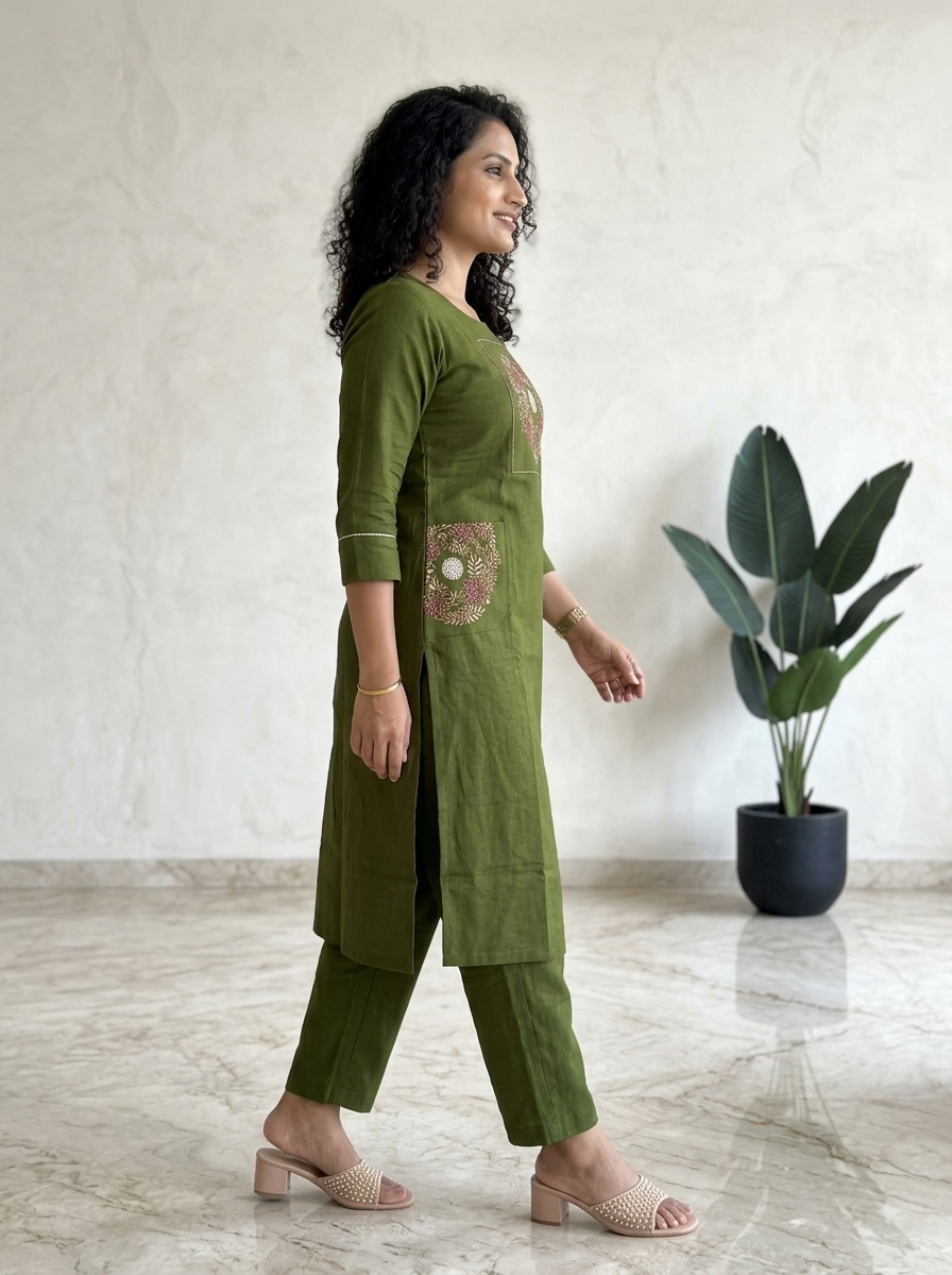 Cotton slub embroidered top with palazzo