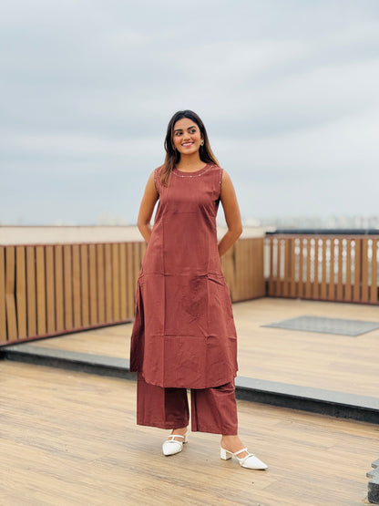 Chocolate brown sleeveless Hand embroidered kurta with matching palazzo.