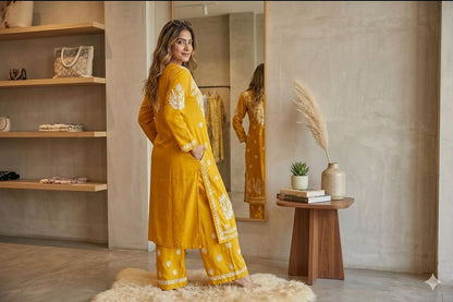 Yellow Chikankari Embroidered Kurta Palazzo Set For Women