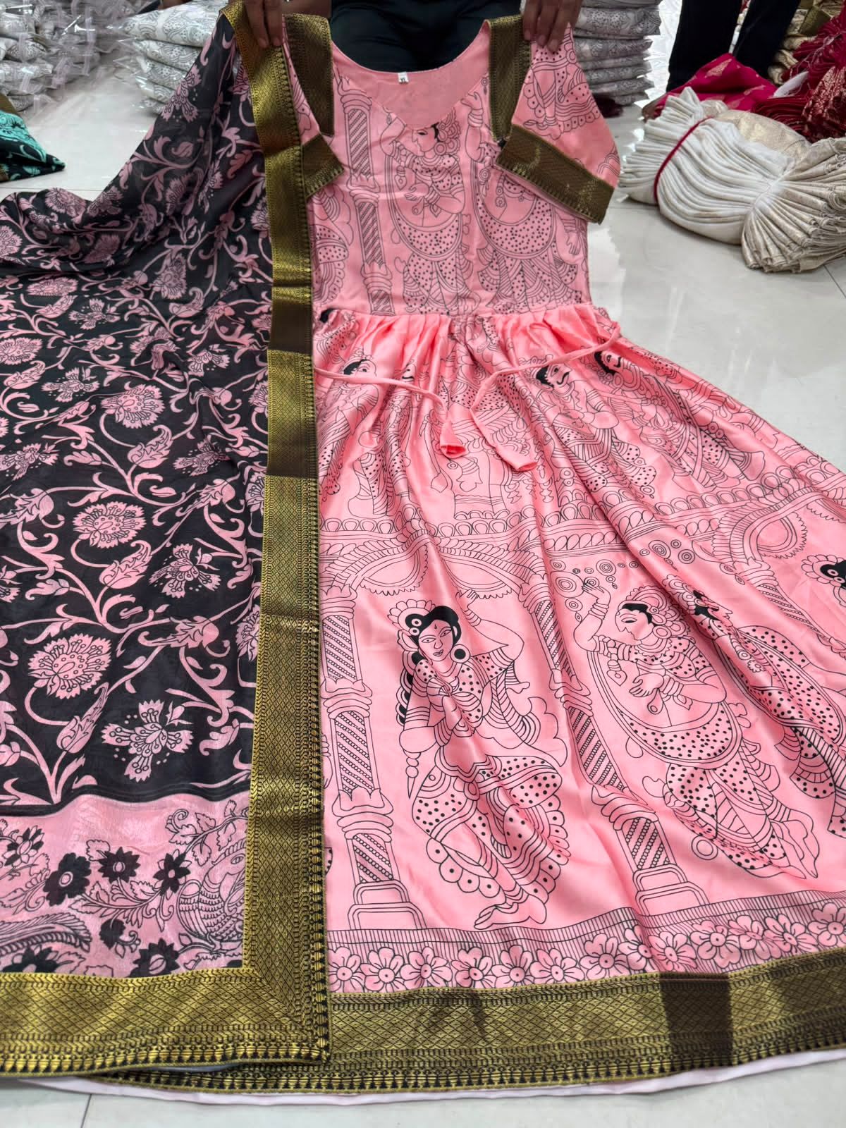 Pink Printed Zari Border Anarkali Gown For Women