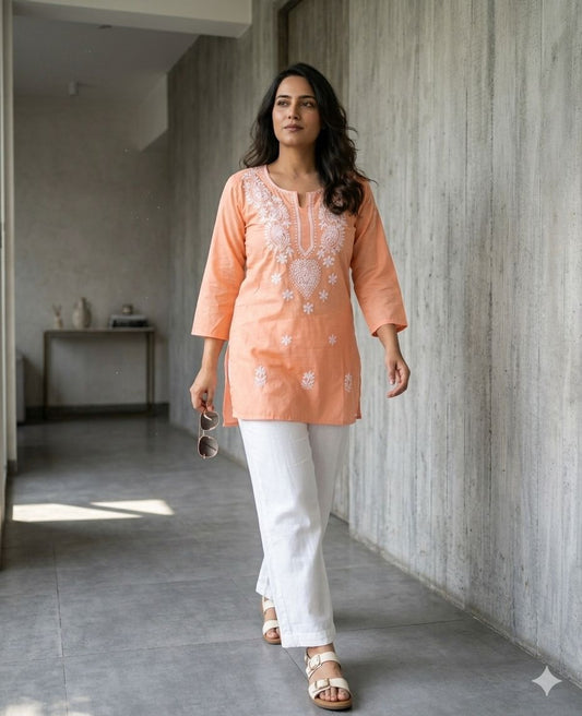 Peach Color Short Kurtas With White Chikankari Embroidery Work