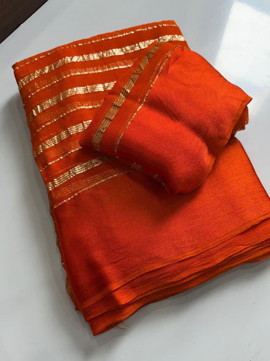 Orange Silk Gold Zari Striped Saree With Blouse Piece For Women