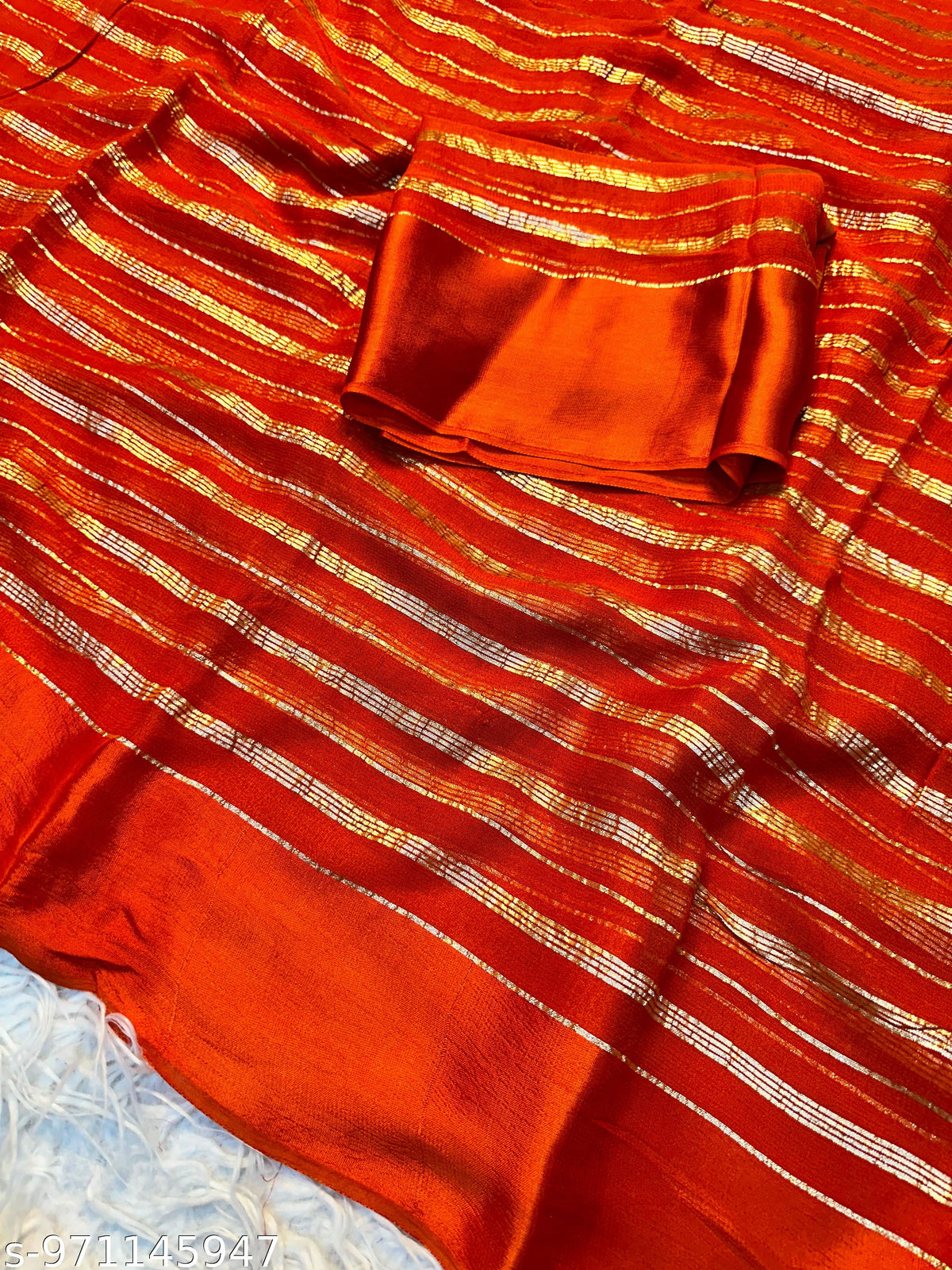 Orange Silk Gold Zari Striped Saree With Blouse Piece For Women