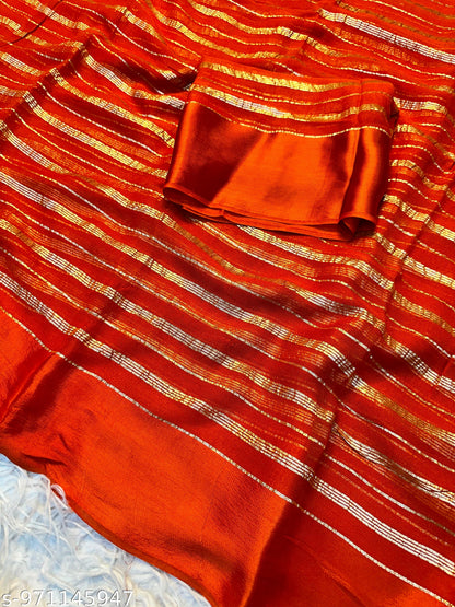Orange Silk Gold Zari Striped Saree With Blouse Piece For Women