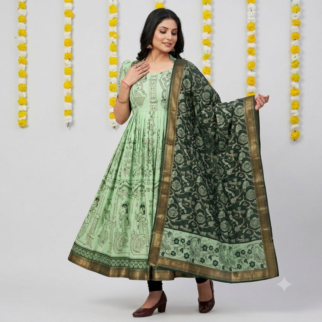 Green Kalamkari Print Anarkali Gown With Dupatta For Women