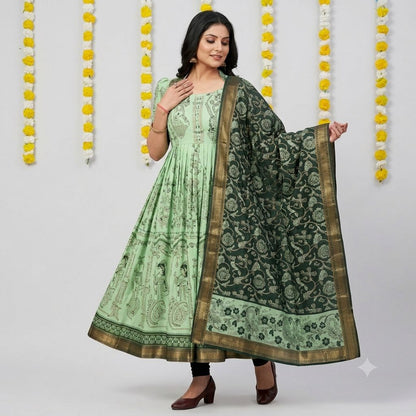 Green Kalamkari Print Anarkali Gown With Dupatta For Women