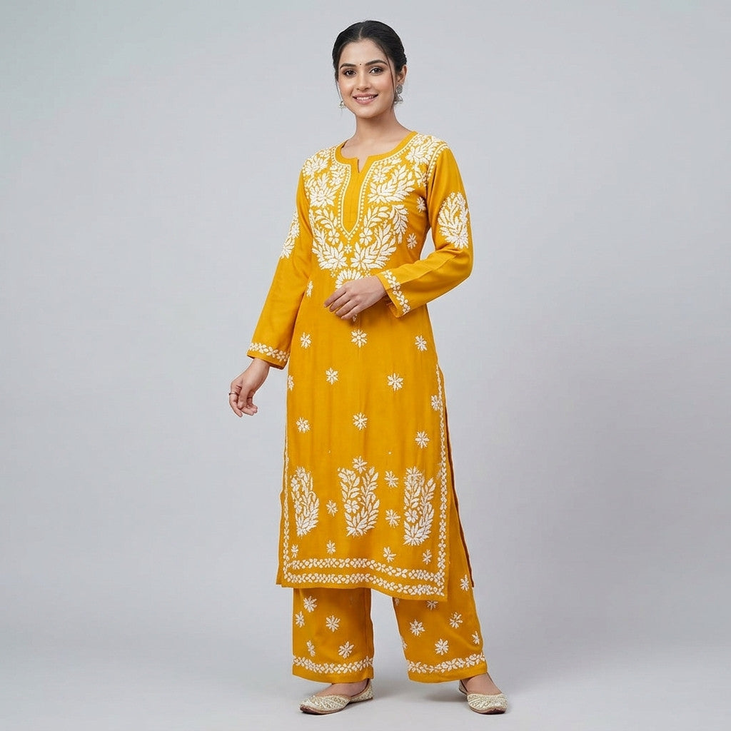 Yellow Chikankari Embroidered Kurta Palazzo Set For Women