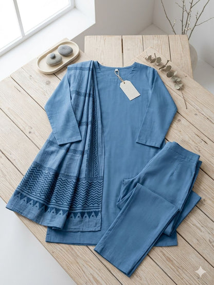 Blue Cotton Printed Straight Kurta With Pants And Dupatta For Women