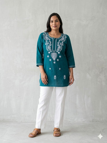 Teal blue Short Kurtas With White Chikankari Embroidery  Work