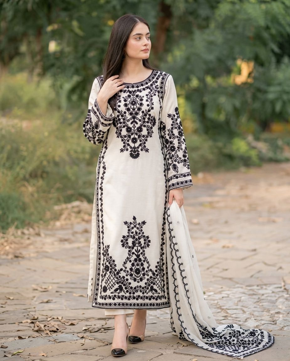 White And Black Cotton Embroidered Straight Kurta With Dupatta For Women