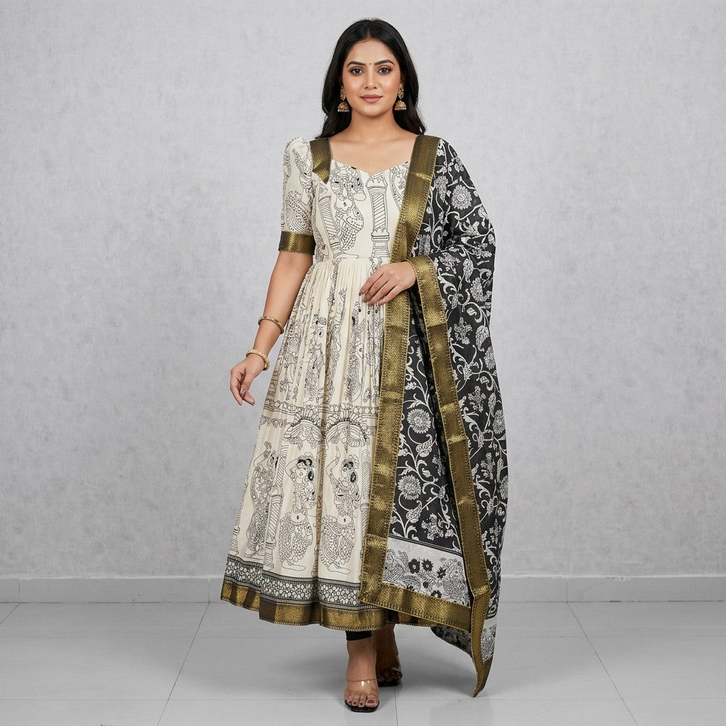 White Cotton Kalamkari Print Anarkali Gown For Women