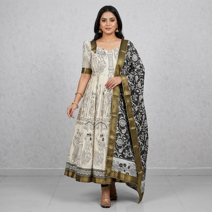 White Cotton Kalamkari Print Anarkali Gown For Women