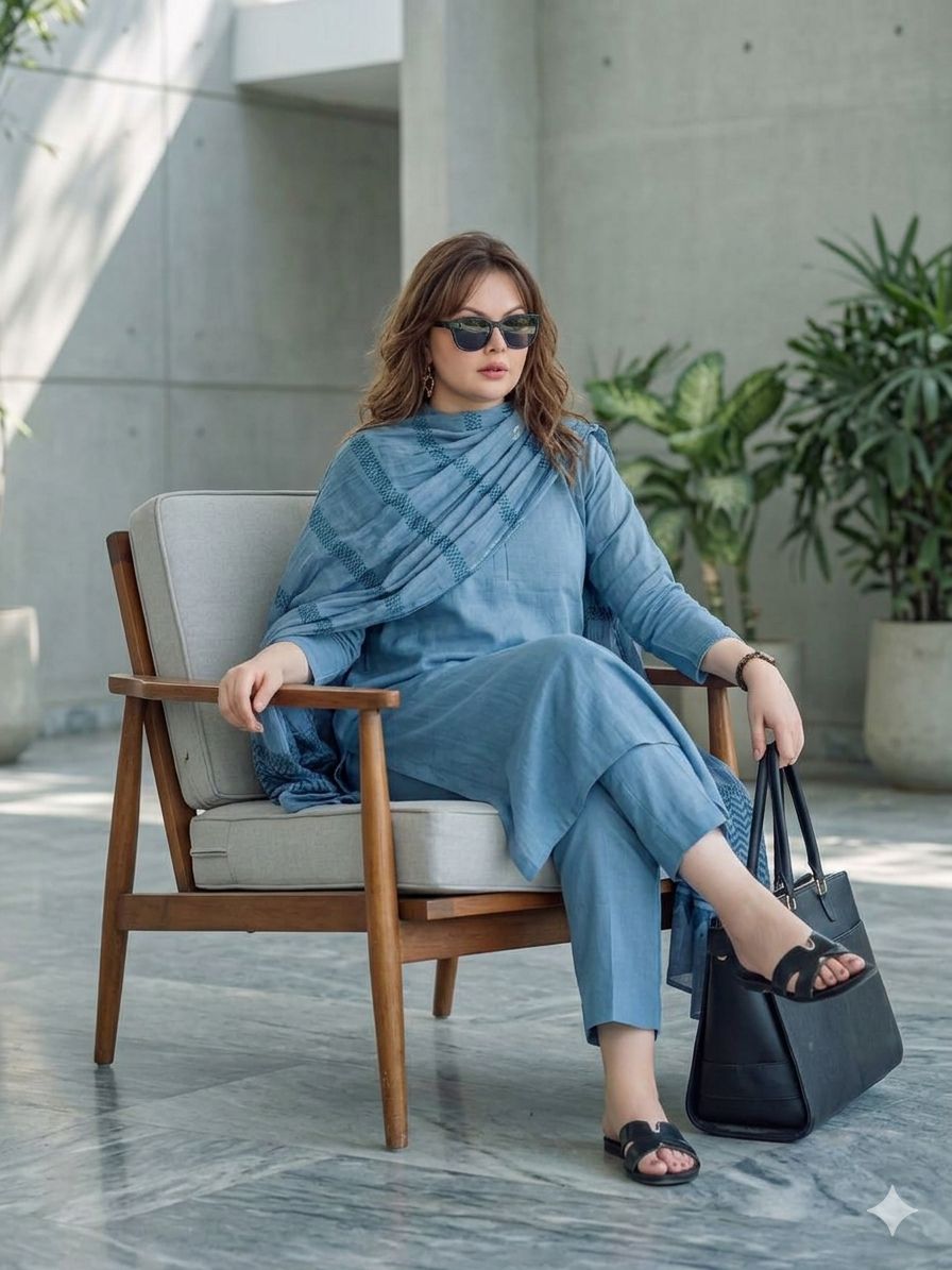 Blue Cotton Printed Straight Kurta With Pants And Dupatta For Women
