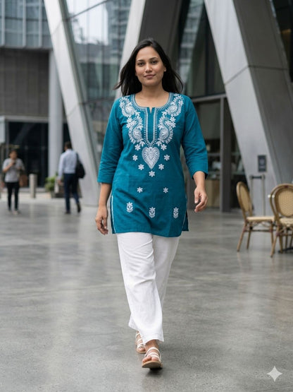 Teal blue Short Kurtas With White Chikankari Embroidery  Work