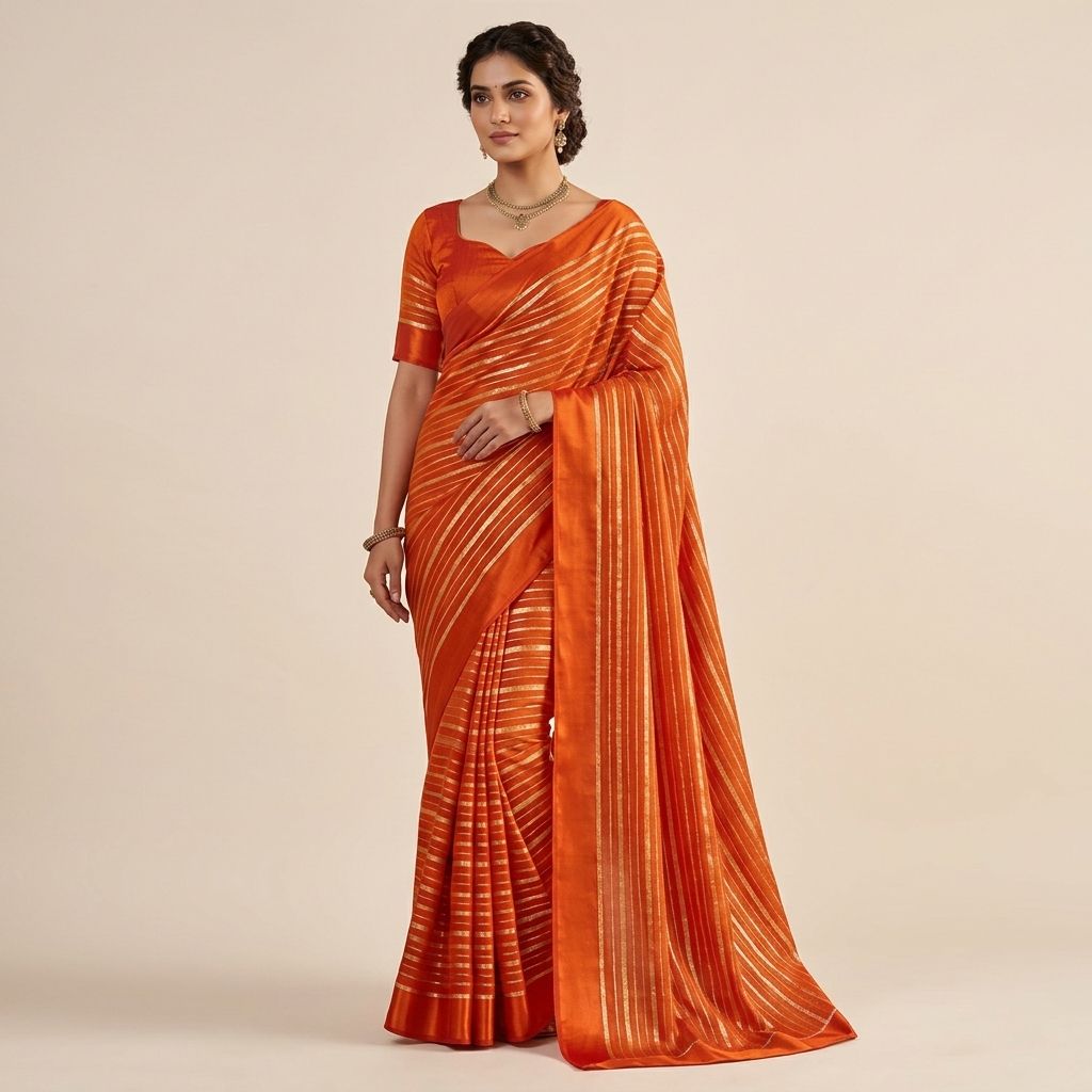 Orange Silk Gold Zari Striped Saree With Blouse Piece For Women