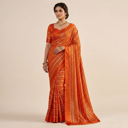 Orange Silk Gold Zari Striped Saree With Blouse Piece For Women