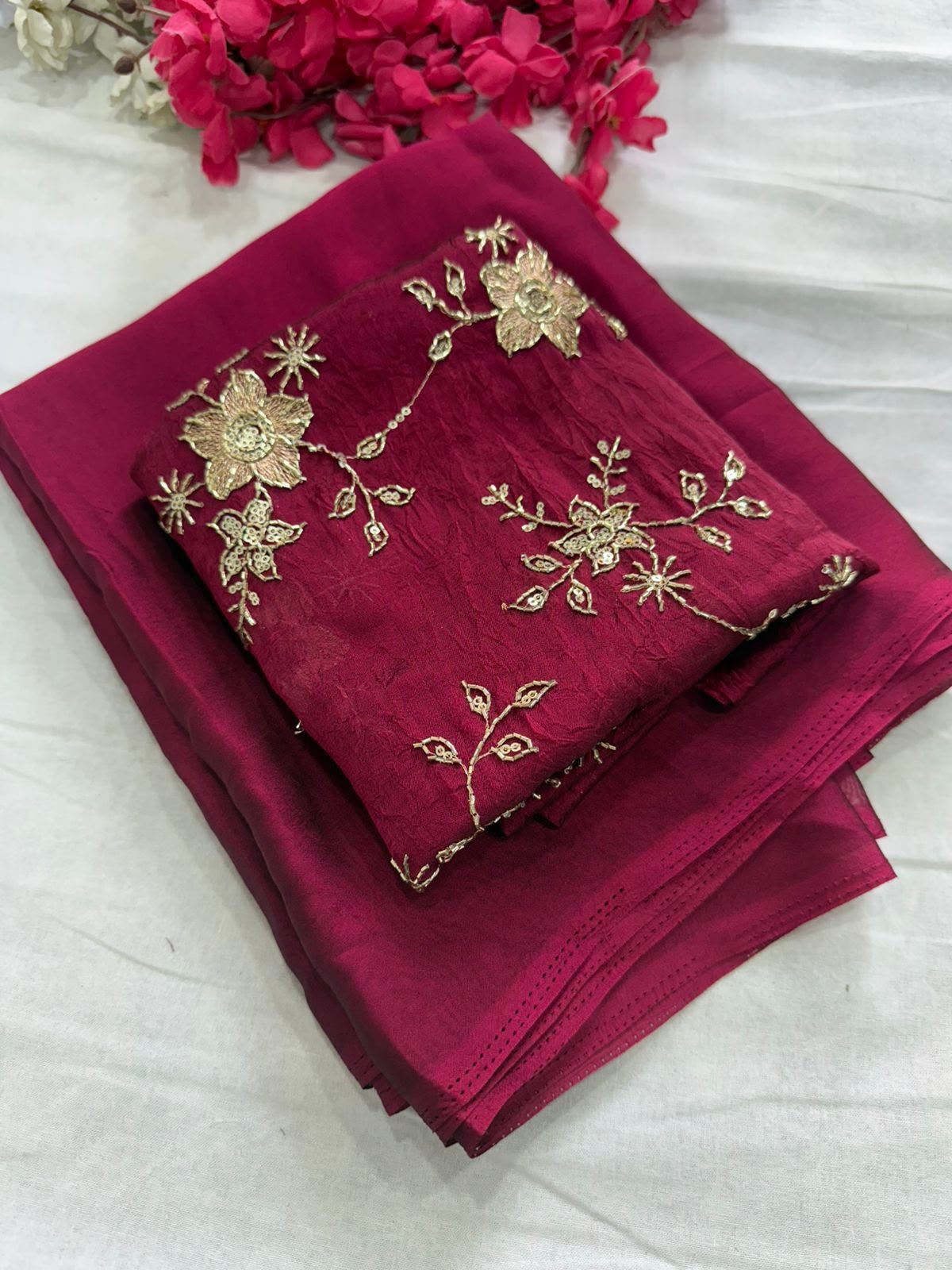 RANGOLI CRUSH SOLID SAREE WITH SEQUENCE EMBROIDERED BLOUSE
