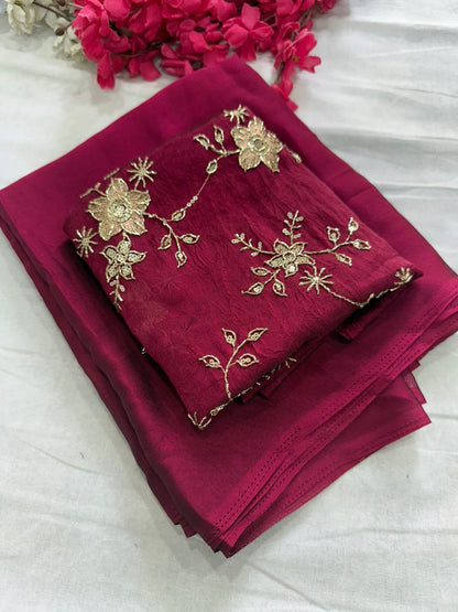 RANGOLI CRUSH SOLID SAREE WITH SEQUENCE EMBROIDERED BLOUSE