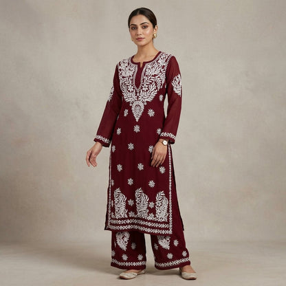 Maroon Cotton Chikankari Embroidered Kurta With Palazzo