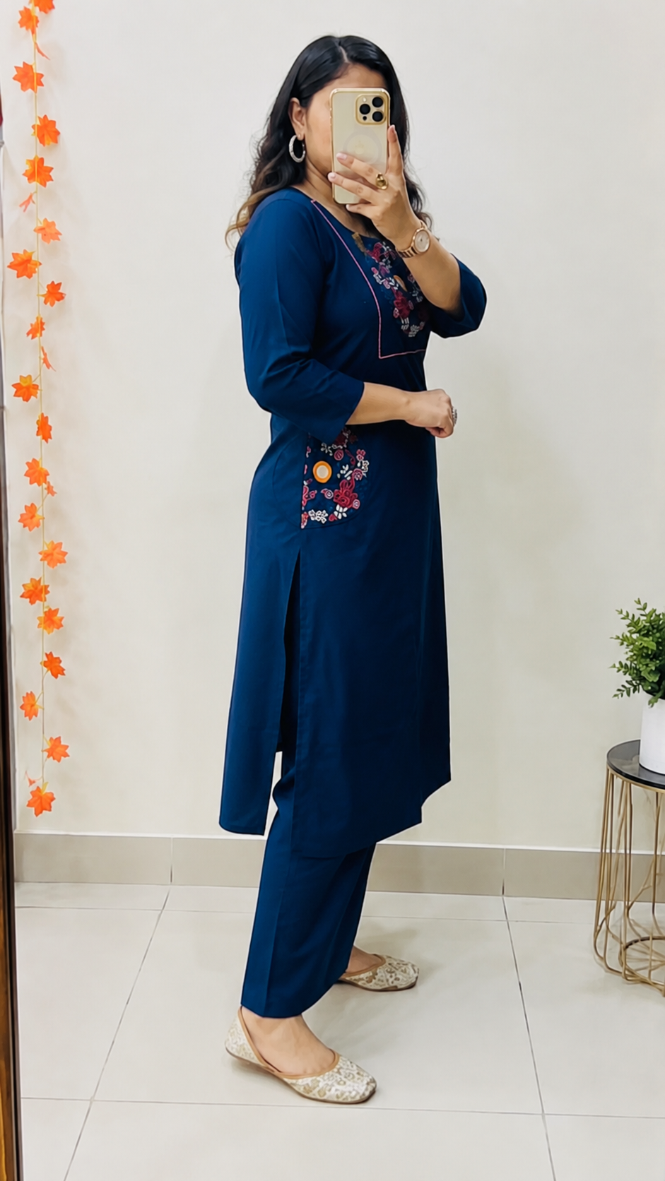 Cotton slub embroidered top with palazzo