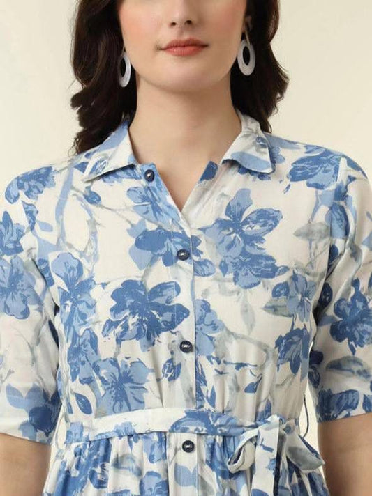 Blue Floral Print Tiered Maxi Shirt Dress For Women