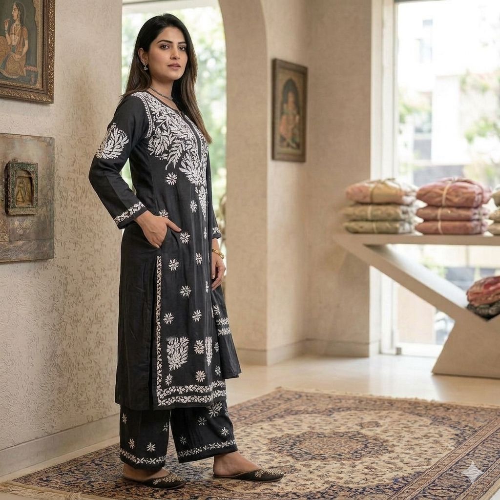 Black Cotton Chikankari Embroidered Kurta Palazzo Set For Women