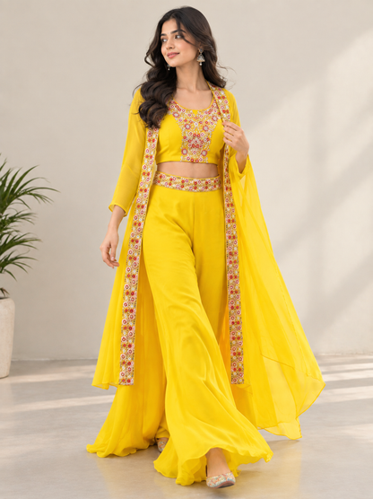 Women's Yellow Embroidered Crop Top with Palazzo and Long Jacket Set