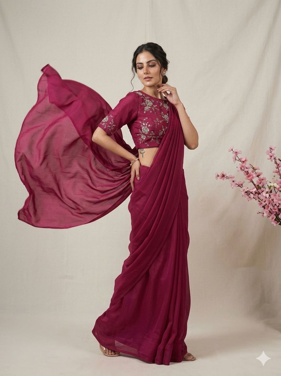 RANGOLI CRUSH SOLID SAREE WITH SEQUENCE EMBROIDERED BLOUSE