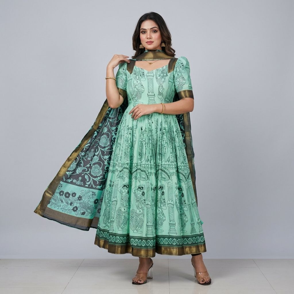 Sea Green Kalamkari Print Silk Anarkali Gown With Dupatta For Women