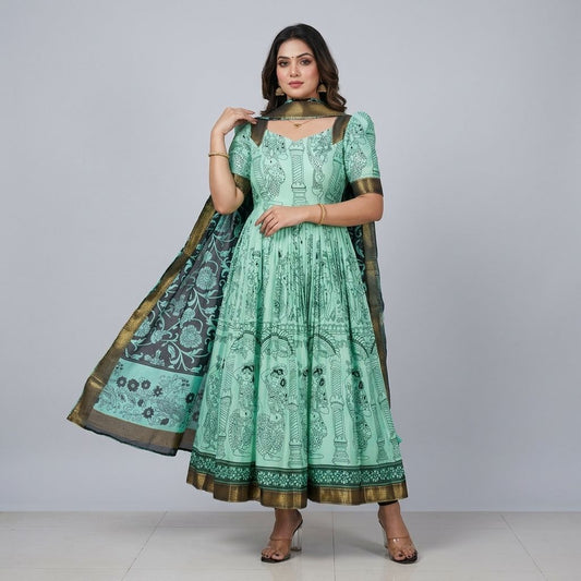 Sea Green Kalamkari Print Silk Anarkali Gown With Dupatta For Women