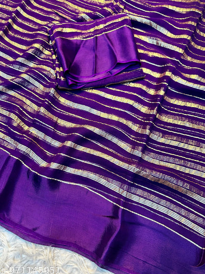 Purple Silk Gold Striped Woven Saree With Blouse Piece For Women