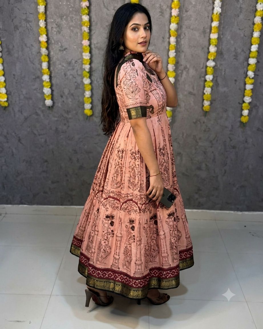 Pink Printed Zari Border Anarkali Gown For Women