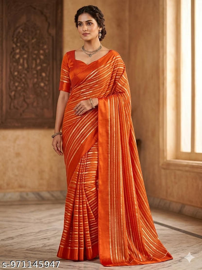 Orange Silk Gold Zari Striped Saree With Blouse Piece For Women