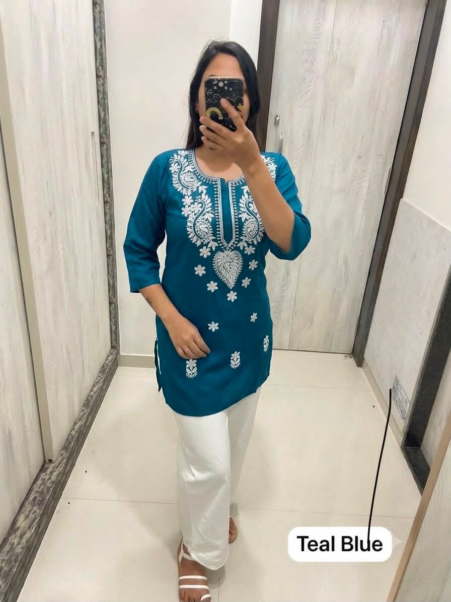 Teal blue Short Kurtas With White Chikankari Embroidery  Work