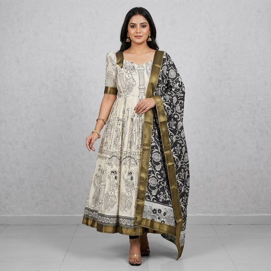 White Cotton Kalamkari Print Anarkali Gown For Women