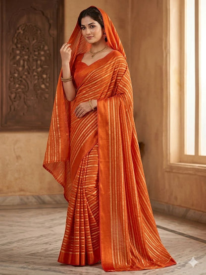Orange Silk Gold Zari Striped Saree With Blouse Piece For Women