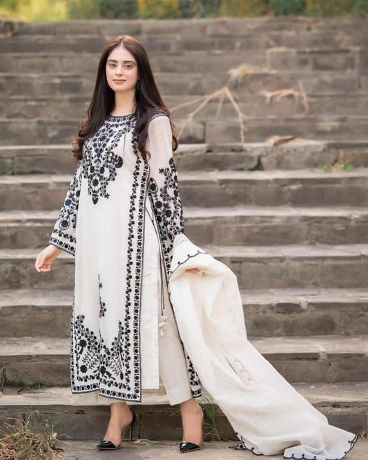 White And Black Cotton Embroidered Straight Kurta With Dupatta For Women