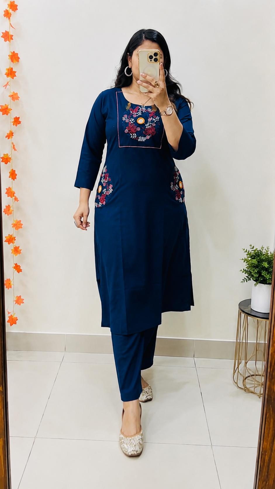Cotton slub embroidered top with palazzo