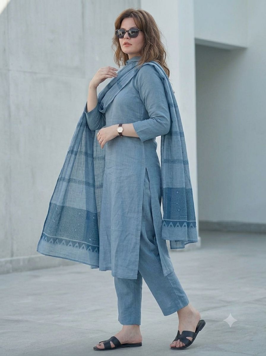 Blue Cotton Printed Straight Kurta With Pants And Dupatta For Women