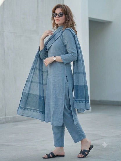 Blue Cotton Printed Straight Kurta With Pants And Dupatta For Women